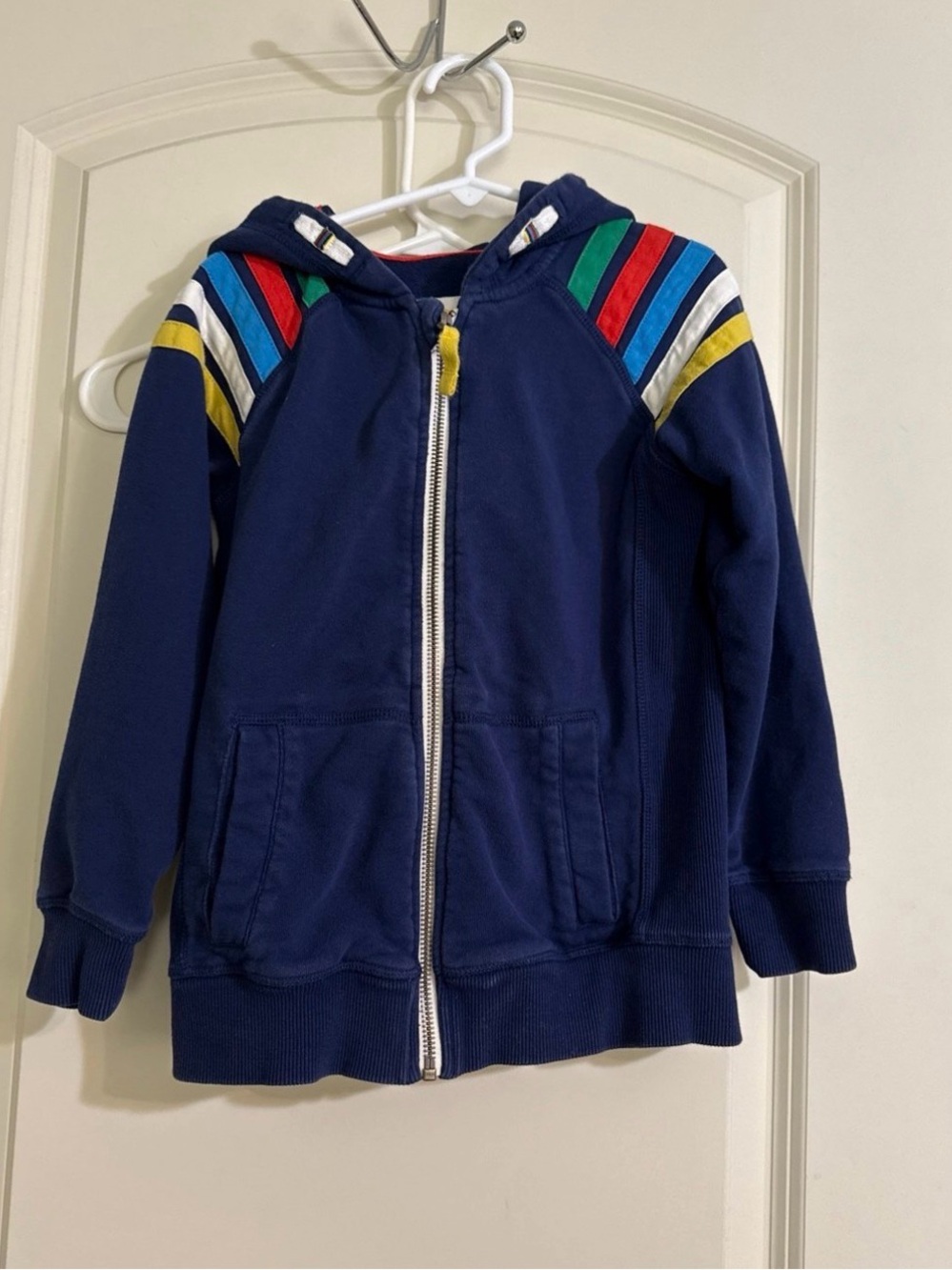 Kids Boden Navy Zip-Up Hoodie with Colorful Shoulder Stripes